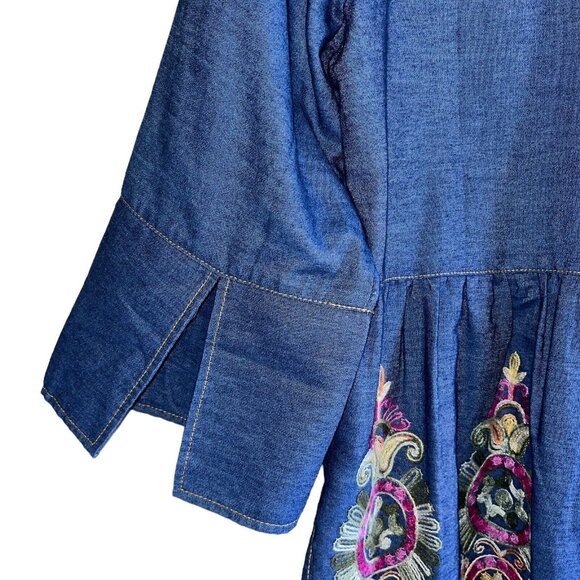 Anthropologie Uncle Frank Blue Denim Embroidered BOHO Split Neck Peasant Top SM - Picture 11 of 13